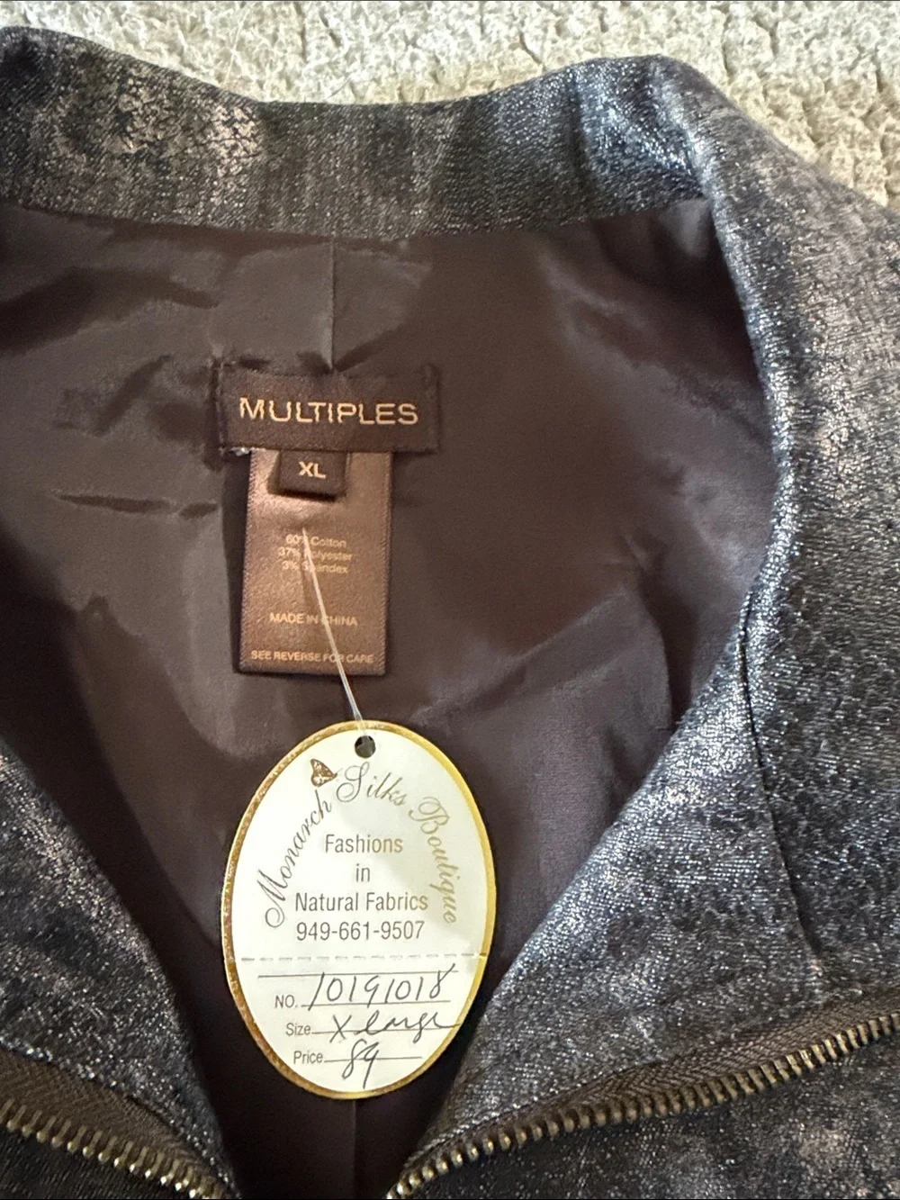 Multiples Metallic Charcoal Zip-Front Vest Size Xl